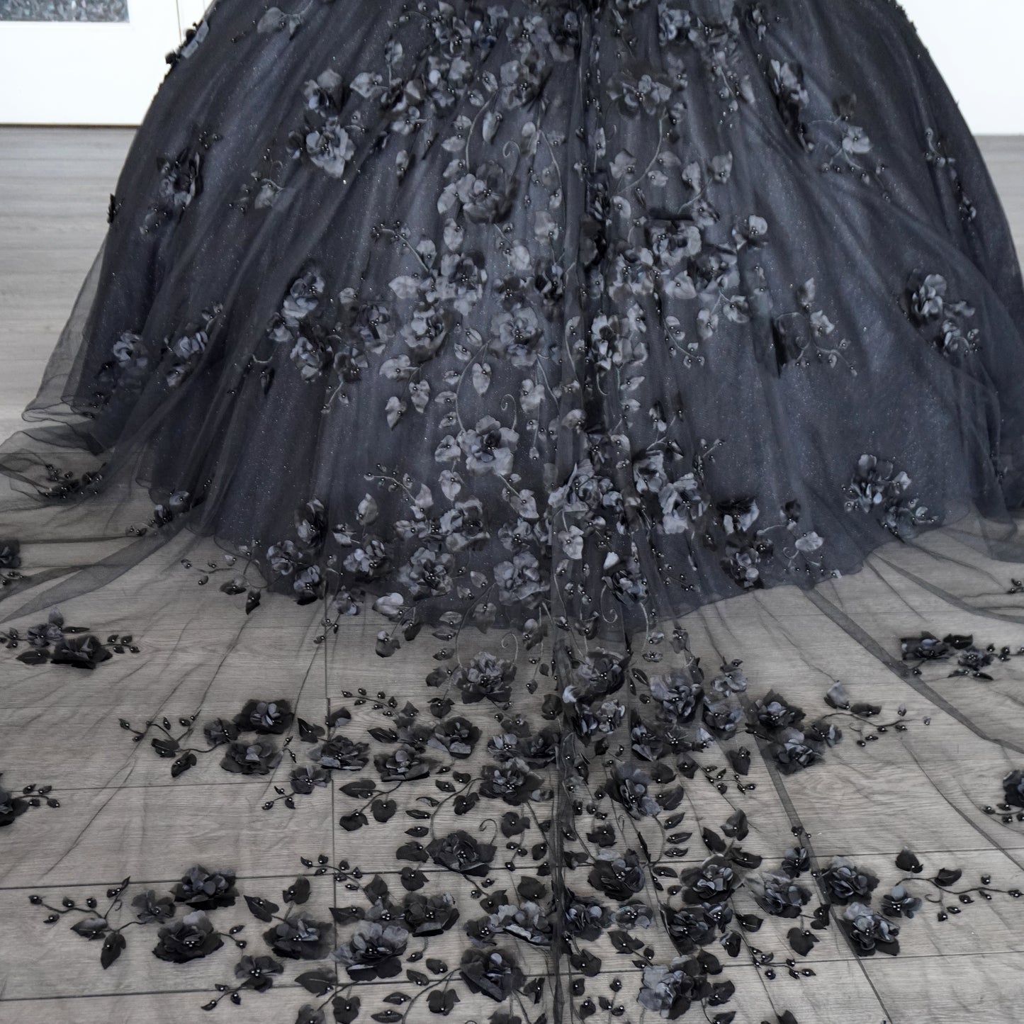 Black shiny quinceanera dress