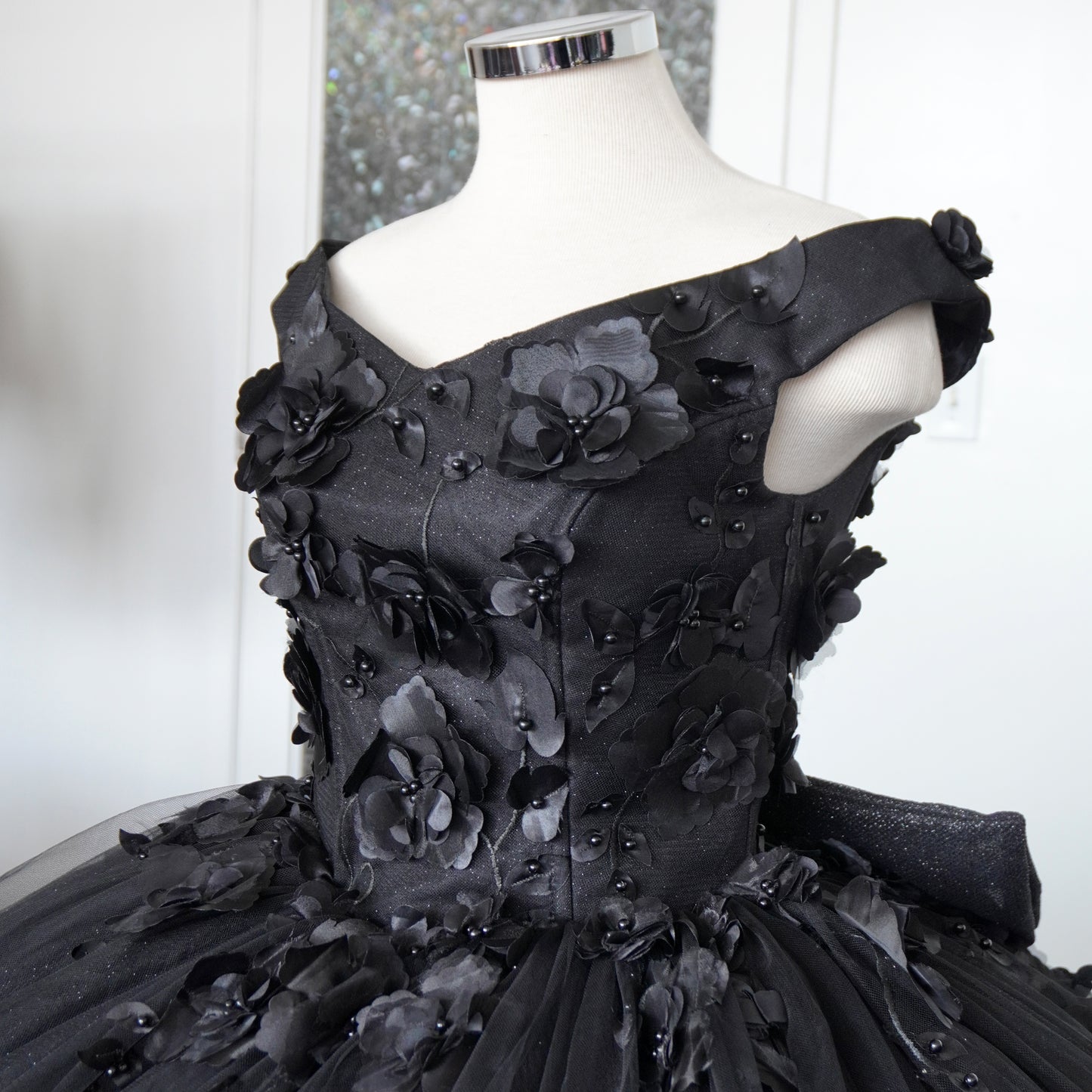 Black shiny quinceanera dress