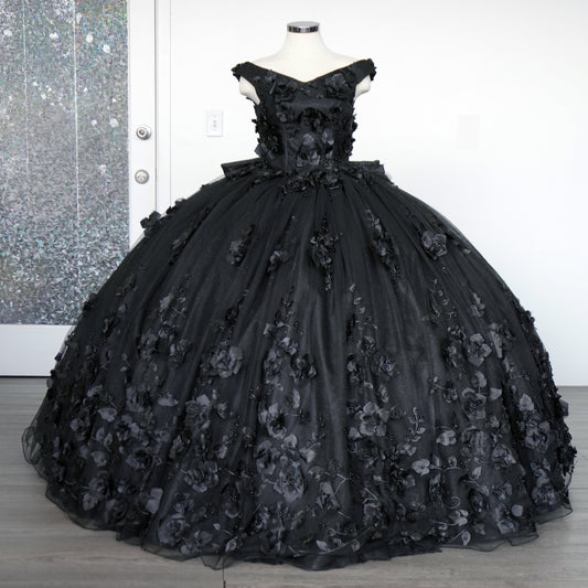 Black shiny quinceanera dress